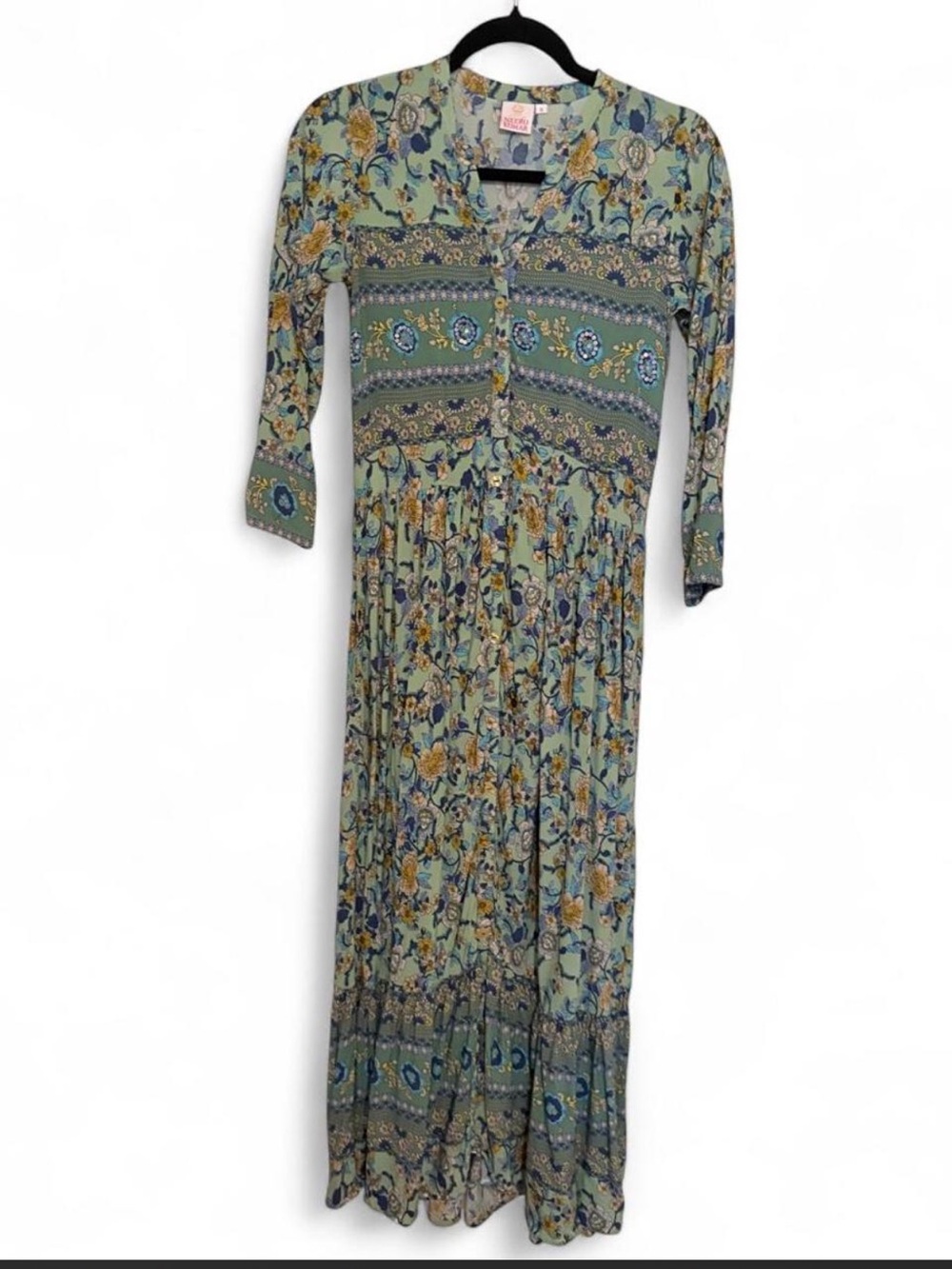 Floral Green Boho Maxi Dress with Button Front - Neeru Kumar